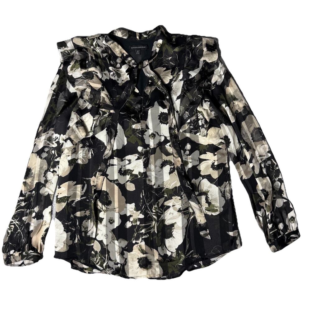 Banana Republic Floral Front Tie Keyhole Black Blouse Womens M Classic Capsule